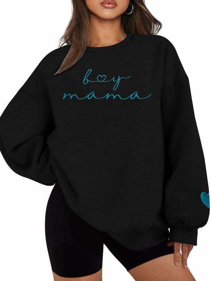 MYHALF Women Mama Oversized Crewneck Sweatshirt Pink Embroidered LS by Deal US