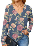 BISHUIGE Womens XL Long Sleeve Henley Tunic Top Blue Red White Roses Size XL by Deal US