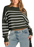 PRETTYGARDEN Women's White Fall Cropped Striped Sweater Oversized Size L by Deal US