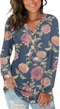 BISHUIGE Womens XL Long Sleeve Henley Tunic Top Blue Red White Roses Size XL by Deal US