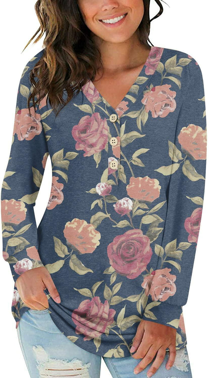 BISHUIGE Womens XL Long Sleeve Henley Tunic Top Blue Red White Roses Size XL by Deal US