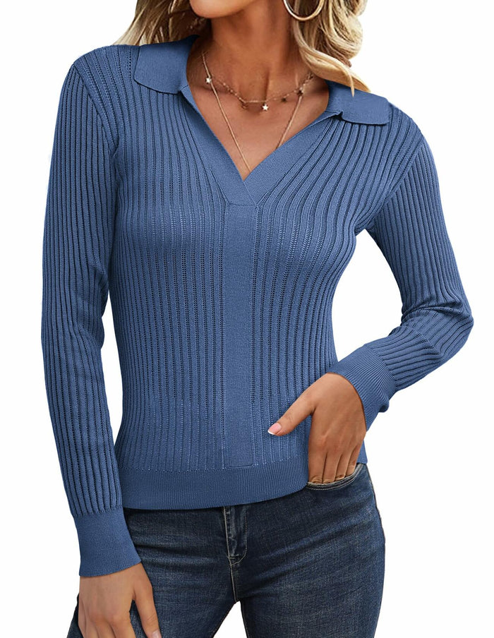 GRACE KARIN Women's 2XL Denim Blue Pullover Sweater V Neck Knit New by Deal US