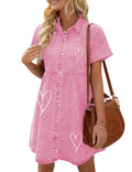 LookbookStore Pink Heart Love Print Babydoll Jean Dress Pink XS Size by Deal US