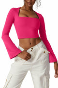 Meyeeka Womens Bell Sleeve Square Neck Crop Top Rose Red S by Deal US