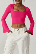 Meyeeka Womens Bell Sleeve Square Neck Crop Top Rose Red S by Deal US