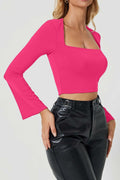 Meyeeka Womens Bell Sleeve Square Neck Crop Top Rose Red S by Deal US