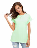 MSHING Women's Simple Crew Neck Plain Loose T-Shirt Light Green Size L Casual by Deal US