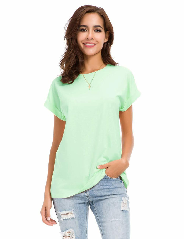 MSHING Women's Simple Crew Neck Plain Loose T-Shirt Light Green Size L Casual by Deal US