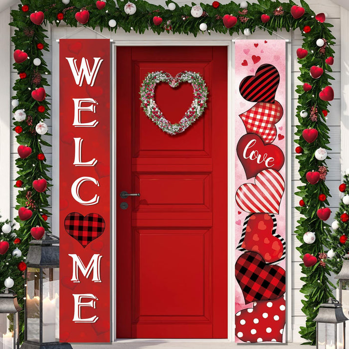 2 Pc Valentine Red Buffalo Plaid Door Banner Love Heart Decor Home by Deal US