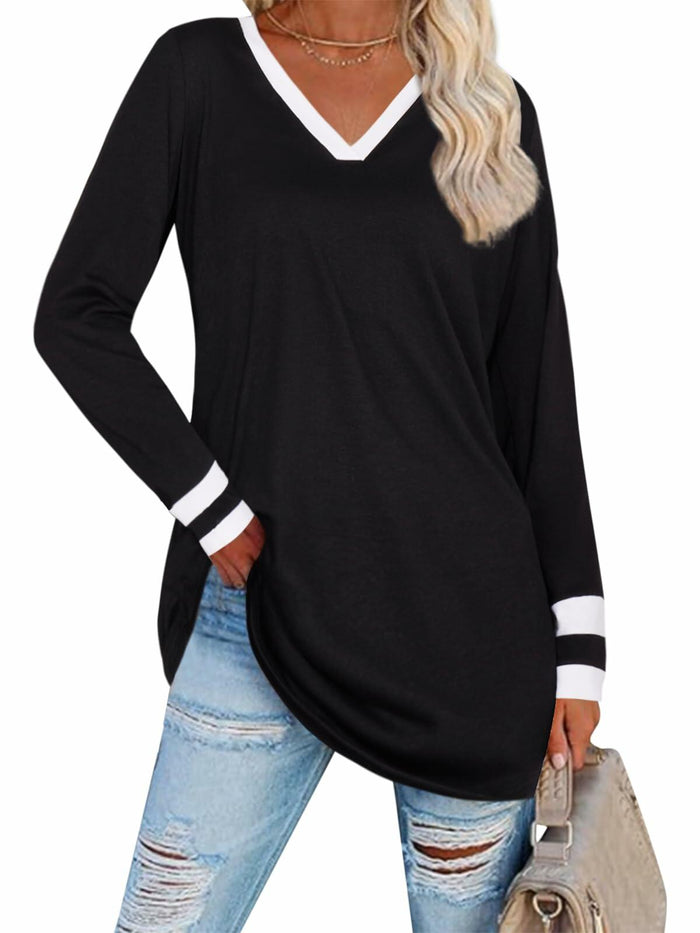 Black V Neck Long Sleeve Tee Women Plus Size S Lightweight Jersey Top by Deal US