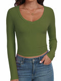 Artfish Women's Ribbed V Neck Crop Top Long Sleeve Slim Fit Olive Green L by Deal US