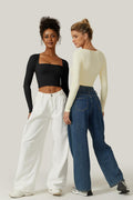 Meyeeka Womens Crop Top Long Sleeve Square Neck Beige Size M by Deal US