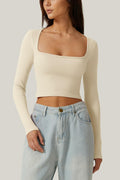 Meyeeka Womens Crop Top Long Sleeve Square Neck Beige Size M by Deal US