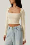Meyeeka Womens Crop Top Long Sleeve Square Neck Beige Size M by Deal US