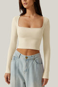 Meyeeka Womens Crop Top Long Sleeve Square Neck Beige Size M by Deal US