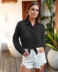 Siliteelon Women's Linen Button Down Shirt Black Long Sleeve Casual Size 2XL by Deal US