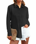 Siliteelon Women's Linen Button Down Shirt Black Long Sleeve Casual Size 2XL by Deal US