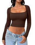 Meyeeka Women's Cinnamon Seamless Cropped Yoga Top Long Sleeve Square Neck - L by Deal US