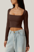 Meyeeka Women's Cinnamon Seamless Cropped Yoga Top Long Sleeve Square Neck - L by Deal US