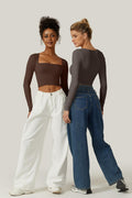 Meyeeka Women's Cinnamon Seamless Cropped Yoga Top Long Sleeve Square Neck - L by Deal US