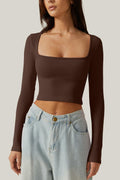 Meyeeka Women's Cinnamon Seamless Cropped Yoga Top Long Sleeve Square Neck - L by Deal US