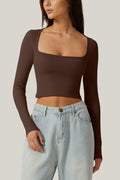 Meyeeka Women's Cinnamon Seamless Cropped Yoga Top Long Sleeve Square Neck - L by Deal US