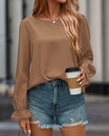 PRETTYGARDEN Ladies Blouse Khaki Pleated Ruffle Sleeve Size S by Deal US