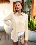 Siliteelon Linen Button Down Shirt Women L Beige Casual Long Sleeve Summer Top by Deal US