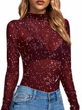 Rooscier Women's Sheer Mesh Mock Neck Long Sleeve Slim Fit Top Red Size M by Deal US