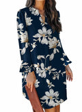 QACOHU V-Neck Mini Dress Blue Flower Long Sleeve Size S by Deal US