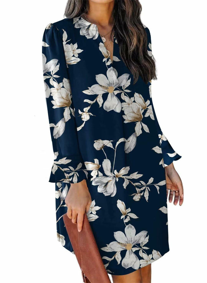 QACOHU V-Neck Mini Dress Blue Flower Long Sleeve Size S by Deal US