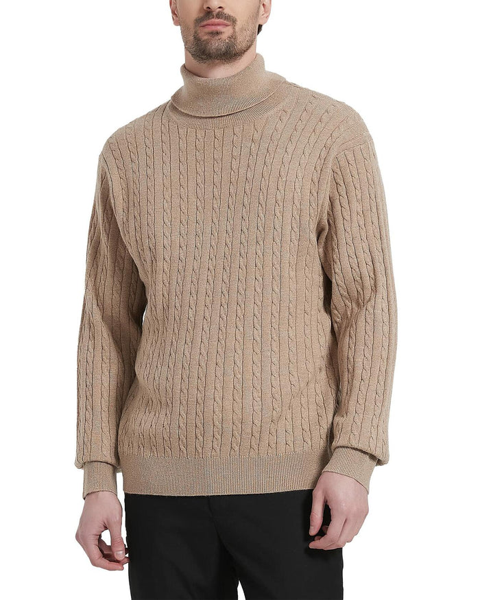 Kallspin Men's Wool Blend Cable-Knit Turtle Neck Sweater Coffee Size L by Deal US