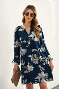 QACOHU V-Neck Mini Dress Blue Flower Long Sleeve Size S by Deal US