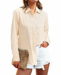 Siliteelon Linen Button Down Shirt Women L Beige Casual Long Sleeve Summer Top by Deal US