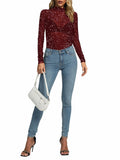 Rooscier Women's Sheer Mesh Mock Neck Long Sleeve Slim Fit Top Red Size M by Deal US