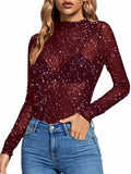 Rooscier Women's Sheer Mesh Mock Neck Long Sleeve Slim Fit Top Red Size M by Deal US