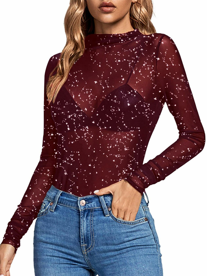 Rooscier Women's Sheer Mesh Mock Neck Long Sleeve Slim Fit Top Red Size M by Deal US