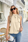 Women Summer Sleeveless Tank Top Tie Bow Mock Neck Apricot Size XL by Deal US