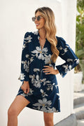 QACOHU V-Neck Mini Dress Blue Flower Long Sleeve Size S by Deal US