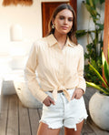 Siliteelon Linen Button Down Shirt Women L Beige Casual Long Sleeve Summer Top by Deal US