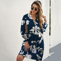 QACOHU V-Neck Mini Dress Blue Flower Long Sleeve Size S by Deal US