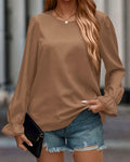 PRETTYGARDEN Ladies Blouse Khaki Pleated Ruffle Sleeve Size S by Deal US