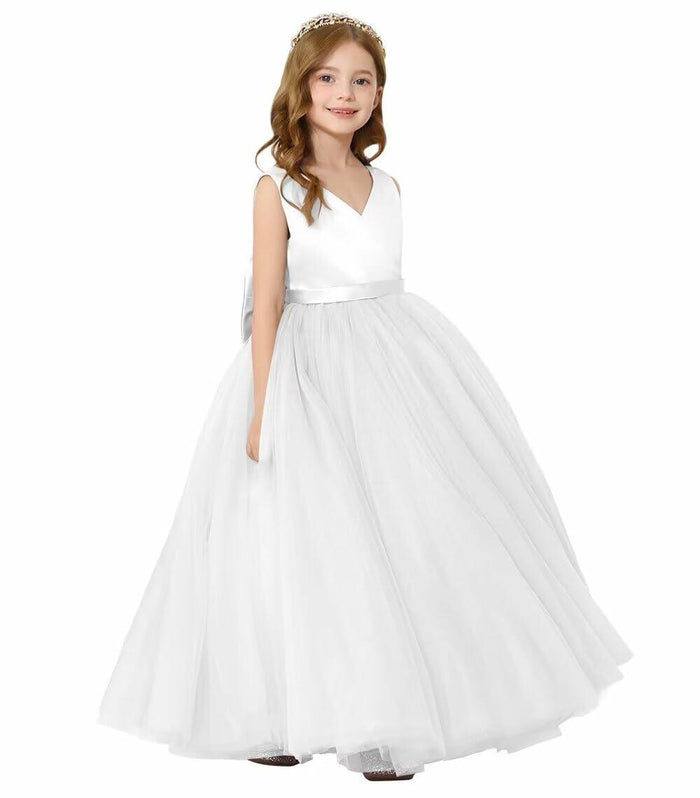 JISISANG White Satin Tulle Bow-Knot Flower Girl Dress Size 04 by Deal US