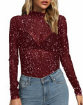 Rooscier Women's Sheer Mesh Mock Neck Long Sleeve Slim Fit Top Red Size M by Deal US