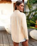 Siliteelon Linen Button Down Shirt Women L Beige Casual Long Sleeve Summer Top by Deal US