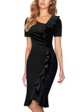 AISIZE Women's Vintage V-Neck Ruffle Slit Bodycon Dress Black Size L by Deal US