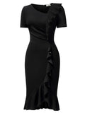 AISIZE Women's Vintage V-Neck Ruffle Slit Bodycon Dress Black Size L by Deal US