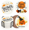Bribay Halloween Pumpkin Cat Coasters Set of 6 Ceramic Stone Mat Cork Base by Deal US