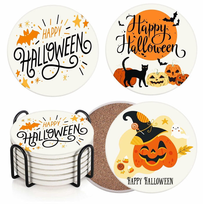 Bribay Halloween Pumpkin Cat Coasters Set of 6 Ceramic Stone Mat Cork Base by Deal US