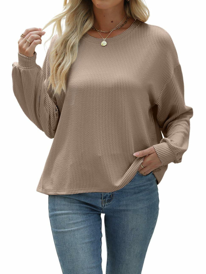 Nfsion Womens Ribbed Long Sleeve Crewneck Soft Top Khaki Size S by Deal US
